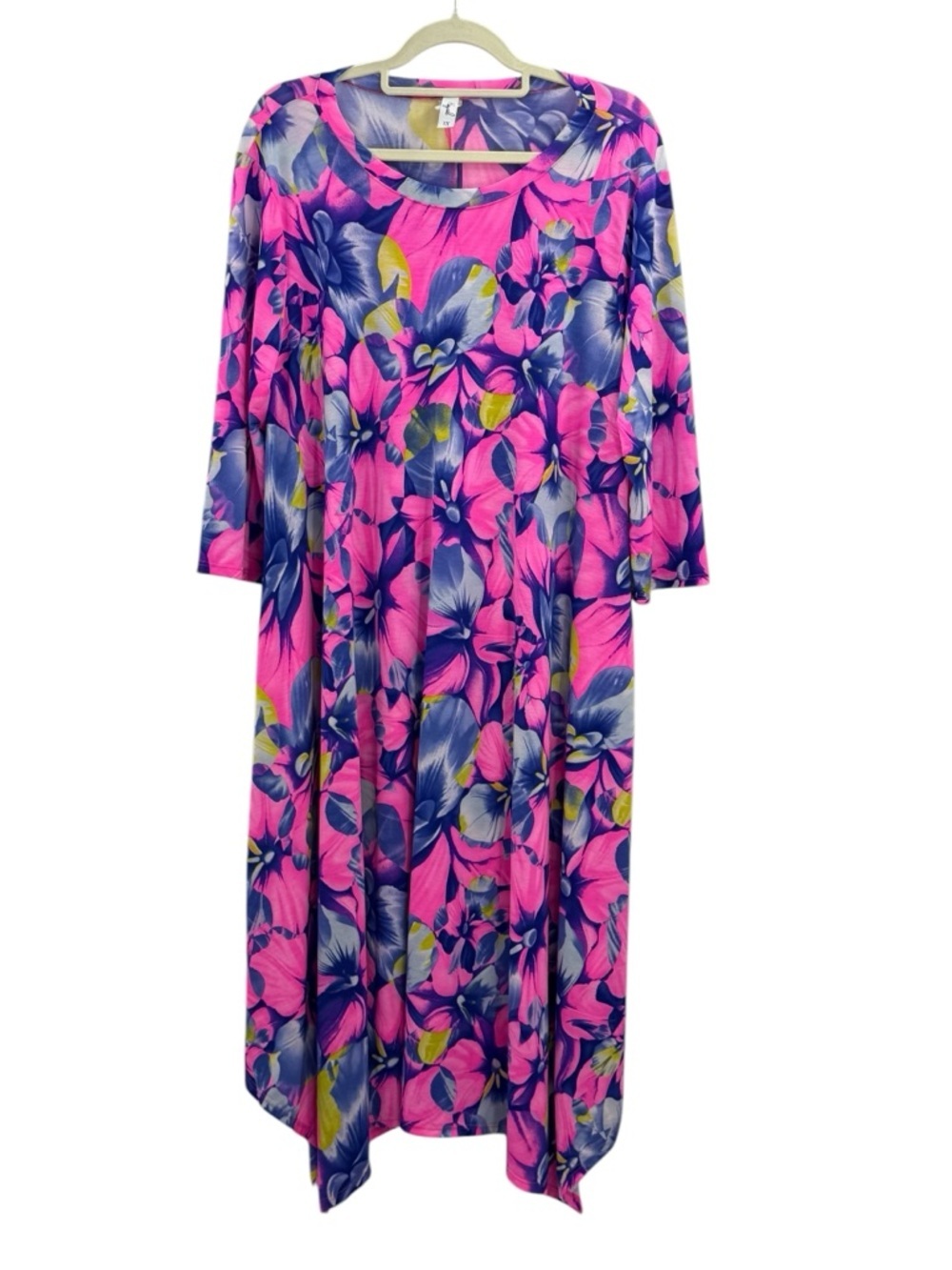 Tropical Floral Swing Dress Pink Blue Stretch Knit 1X Flowy Resort Vacation
